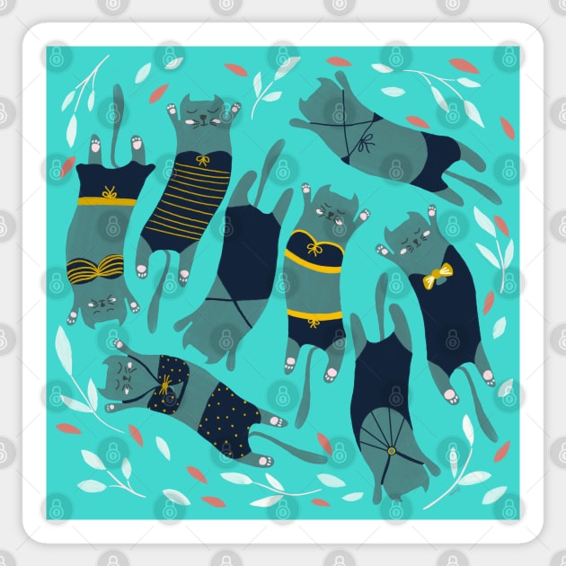 Swimsuit Cats in Turquoise Sticker by thewhimsicalrepose